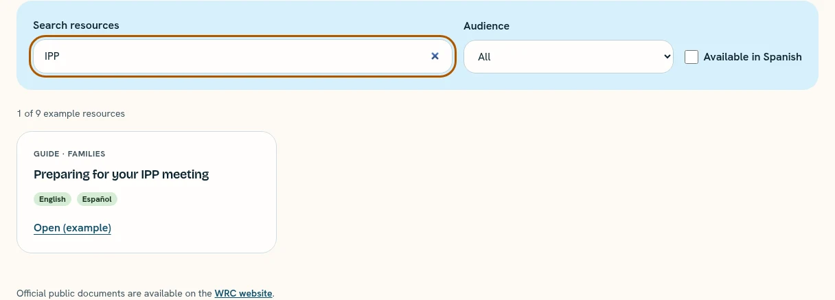 Actual concept view: Resource library · IPP search