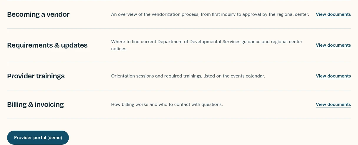 Actual screenshot: Vendors · provider pathways