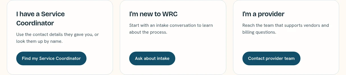 Actual screenshot: Contact · finding the right team